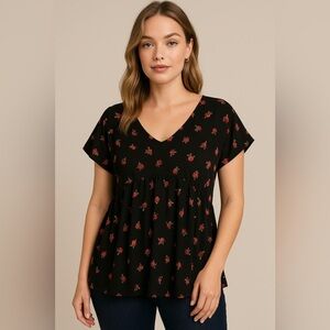 🌸 Sweet Rain Sheer Black Floral Babydoll Blouse (Size 2XL) 🌸